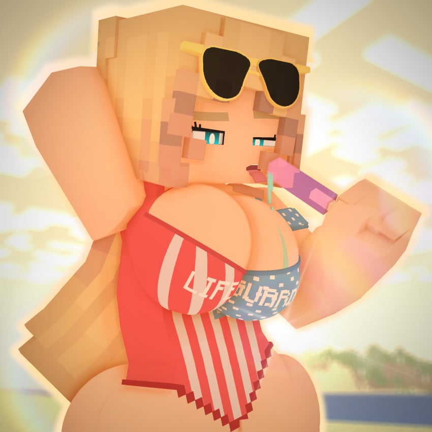 3d american_flag american_flag_bikini american_flag_swimsuit aviator_sunglasses blonde_hair blue_eyes cuteskyler eyelashes icecream licking licking_ice_cream lifeguard lifeguard_swimsuit merica_(cuteskyler) minecraft outside sunglasses sunglasses_on_head swimsuit tongue tongue_out