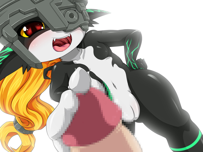 1boy 1girls amau_(artist) censored feet female footjob highres imp imp_midna male midna monster_girl penis pussy red_eyes straight the_legend_of_zelda twilight_princess white_background