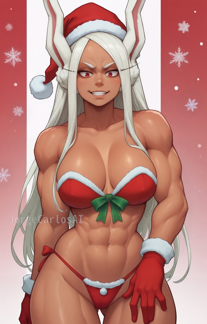 abs ai_generated big_breasts big_breasts big_breasts boku_no_hero_academia bow breasts breasts breasts christmas_hat christmas_headwear christmas_outfit gloves green_bow humanoid jorgecarlosai long_hair mirko miruko muscular muscular_arms muscular_female muscular_legs my_hero_academia navel pom_pom_(clothes) pom_poms rabbit rabbit_ears rabbit_girl rabbit_humanoid red_eyes red_gloves rumi_usagiyama santa_costume santa_hat smile smirk snowflake snowflakes teeth thighs toned toned_arms toned_body toned_female toned_legs toned_stomach usagiyama_rumi watermark