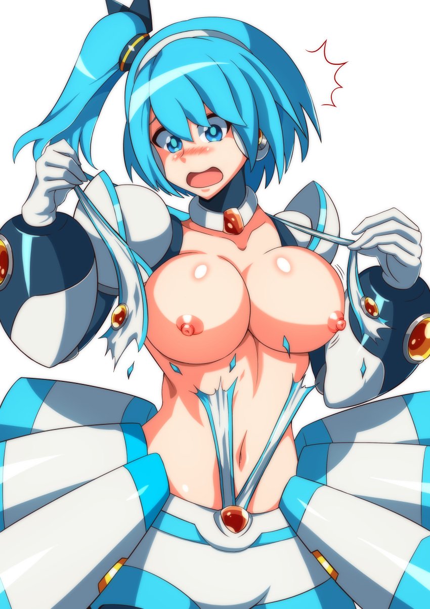 1girls blue_eyes blue_hair breasts breasts_out exposed exposed_breasts exposing female female_focus female_only kotatuman_dash rico_(mega_man) ripped_clothing surprised