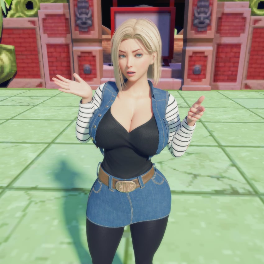 1girls 3d 3d_(artwork) 3d_model android android_18 android_girl arms_up arms_up_pose belt belt_buckle beltskirt big_breasts blonde_female blonde_hair blonde_hair_female blue_eyes blue_eyes_female blue_skirt breasts cheating cheating_wife clothed clothed_female cyborg cyborg_girl dragon_ball dragon_ball_super dragon_ball_z female female_focus female_only finger_gun jean_skirt leggings light-skinned_female light_skin medium_hair medium_hair_female milf mother netorare ntr open_mouth pantyhose pointing pointing_at_viewer skirt tsuyosakuroi wife world_tournament