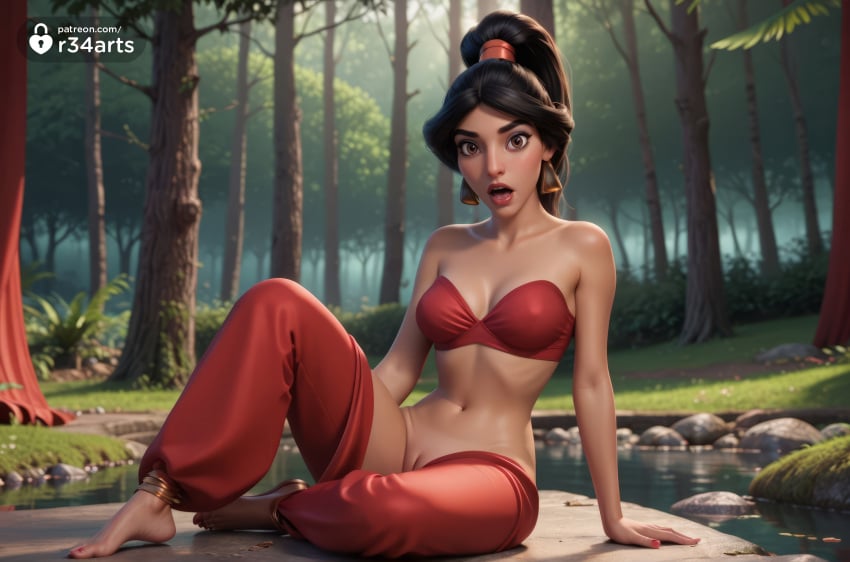 1girls ai_generated aladdin aladdin_(1992_disney_film) anklet arabian_clothes arm_support bandeau bare_shoulders barefoot black_hair breasts brown_eyes cleavage collarbone earrings feet forest full_body grass harem_pants hi_res high_ponytail jewelry long_hair looking_at_viewer medium_breasts nail_polish nature navel no_panties open_mouth outdoors pants ponytail princess_jasmine pussy r34arts red_nails river rock sitting solo strapless toenail_polish toenails toes tree