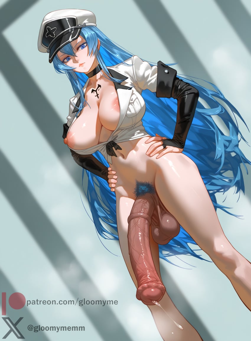 1futa ai_generated akame_ga_kill! areola_slip blue_eyes blue_hair choker cowboy_shot dutch_angle esdeath_(akame_ga_kill!) futanari gloomyme hair_between_eyes hands_on_hips horsecock horsecock_futanari human_with_animal_genitalia human_with_horsecock large_breasts large_penis nipples patreon_username peaked_cap precum precum_drip pubic_hair solo twitter_username veiny_penis watermark