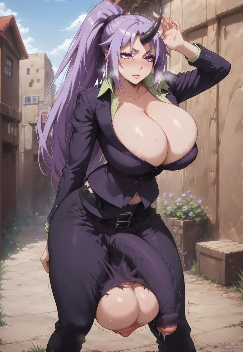 ai_generated breasts bulge bulge_through_clothing bursting_breasts civitai cleavage cock_bulge erection flustered futanari hi_res highres huge_balls huge_breasts huge_cock large_balls large_breasts large_penis large_testicles leaking_cum oni ponytail purple_eyes ripped_clothing ripped_pants shion_(tensei_shitara_slime_datta_ken) sweaty sweaty_balls sweaty_body sweaty_breasts tensei_shitara_slime_datta_ken that_time_i_got_reincarnated_as_a_slime