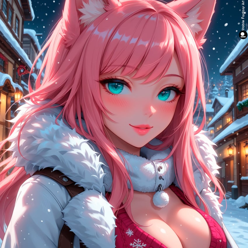 1girls ai_generated big_breasts breasts christmas christmas_outfit curvy female female_focus fox_ears fox_girl fox_tail furry innocent kitsune looking_at_viewer looking_shy melissa_(stblfantasy) original pink_hair seated snow solo stable_diffusion stblfantasy teeth thick_thighs thighs turquoise_eyes winter winter_clothes young_female