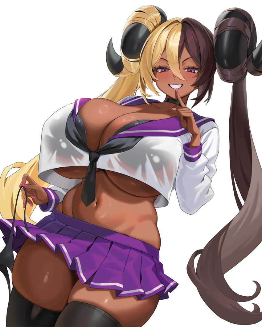 1girls aife_(zanamaoria) big_breasts black_thighhighs blonde_hair blush bra_visible_through_clothes brown_hair choker curved_horns dark-skinned_female dark_skin female female_only finger_to_mouth gyaru hair_on_horn hi_res horns huge_breasts long_hair looking_at_viewer narrowed_eyes panties_removed pink_eyes school_uniform skirt smiling smiling_at_viewer solo succubus teeth_showing thick_thighs thighhighs two_tone_hair white_background yan.c