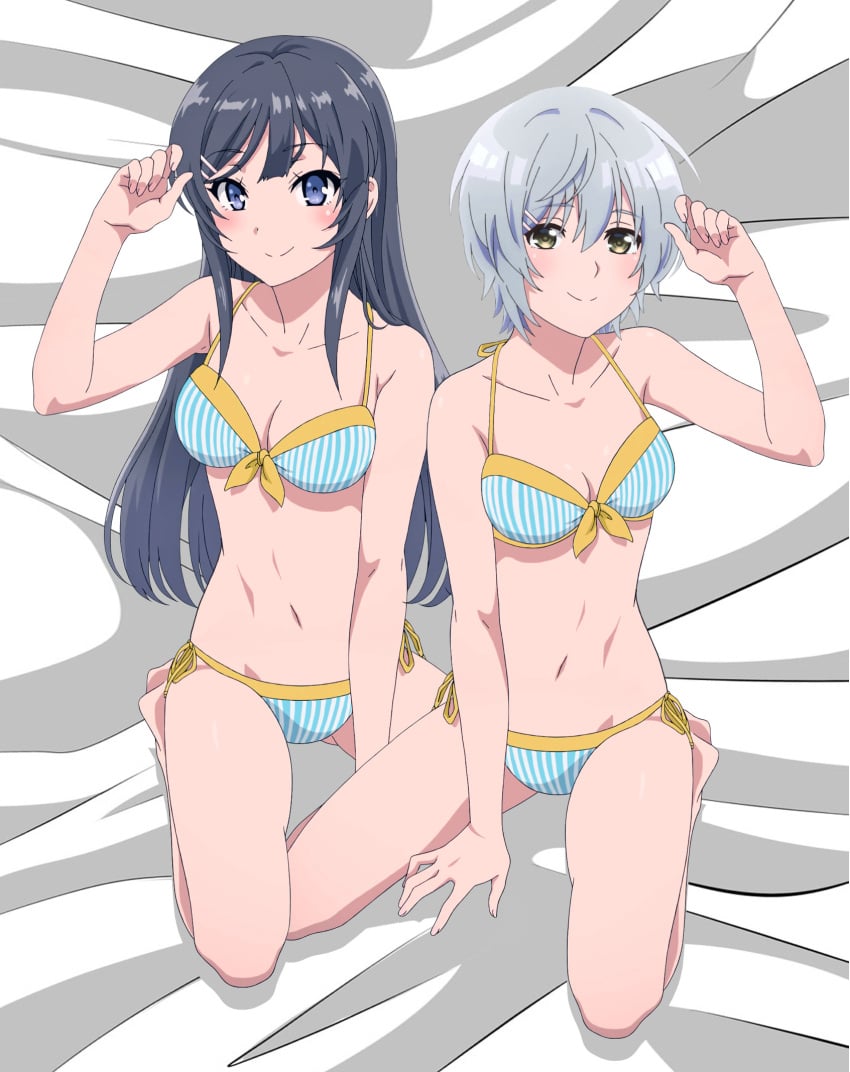 2girls artist_request bikini cleavage kikuchi_fuuka looking_at_viewer medium_breasts sakurajima_mai sitting source_request string_bikini striped_bikini