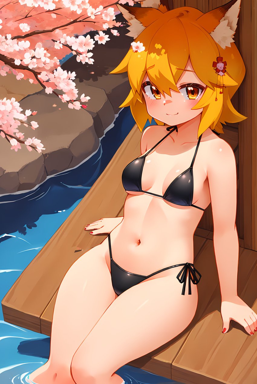 ai_generated bikini breasts fox_girl kitsune looking_at_viewer orange_eyes orange_hair senko_(sewayaki_kitsune_no_senko-san) sewayaki_kitsune_no_senko-san smile thighs