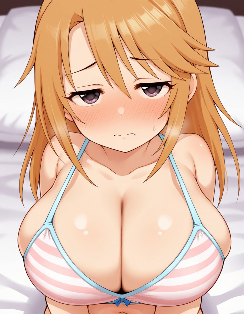 1girls alternate_breast_size bangs bare_shoulders bed bed_sheet bedroom big_breasts bikini blush bra breasts collarbone idolmaster idolmaster_cinderella_girls large_breasts light-skinned_female long_hair looking_at_viewer pov yuuki_haru