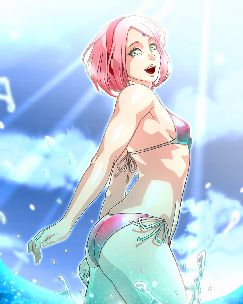 :d arms_at_sides ass bare_shoulders beach bikini boruto:_naruto_next_generations breasts cloud cowboy_shot facial_mark female forehead_mark hairband highres light_rays looking_at_viewer naruto naruto_(series) open_mouth parted_bangs pink_bikini pink_hair red_hairband saburo_des sakura_haruno short_hair side-tie_bikini_bottom sideboob small_breasts smile sunbeam sunlight swimsuit teeth upper_body upper_teeth_only water