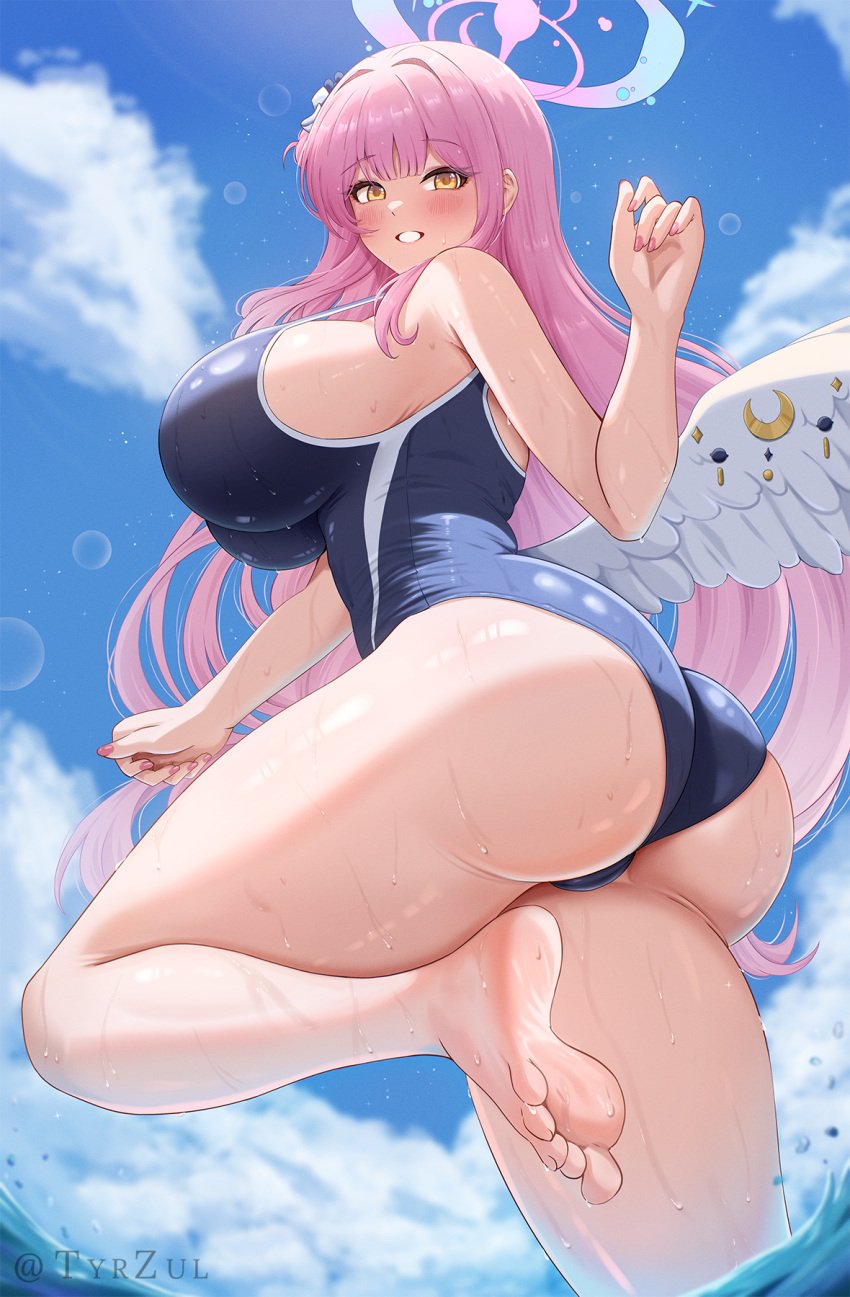 1girls ass blue_archive breasts dat_ass feet female halo hi_res huge_ass huge_breasts light-skinned_female light_skin long_hair mika_(blue_archive) one-piece_swimsuit orange_eyes pink_hair swimsuit thick_thighs tyrzul