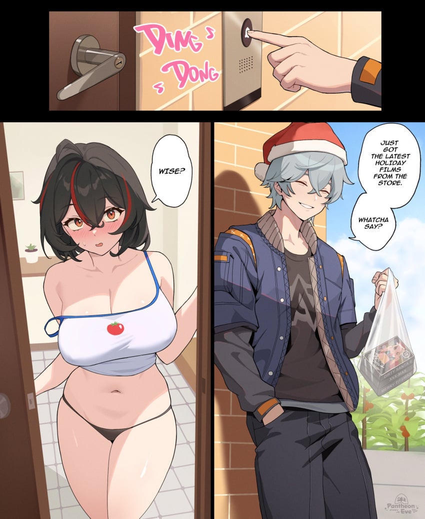 1boy 1girls belly belly_button blush breasts christmas closed_eyes comic door doorbell english_text inviting_to_sex jacket large_breasts mihoyo pantheon_eve panties pants santa_hat skimpy skimpy_clothes strap_slip tank_top text_bubble underwear videos wise_(zenless_zone_zero) zenless_zone_zero zhu_yuan