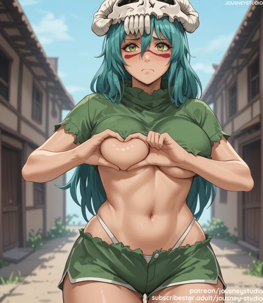 ai_generated arrancar bangs bleach blue_sky blush breasts building closed_mouth clothes_lift clothing cloud crop_top curvaceous day facial_mark female female female_only frown green_eyes green_hair green_shirt green_shorts hair_between_eyes heart heart_hands highleg highleg_panties jousneystudio large_breasts long_hair looking_at_viewer midriff navel nelliel_tu_odelschwanck open_clothes open_fly outdoors pantsu road shirt shirt_lift short_shorts short_sleeves shorts sky smile solo standing stomach thick_thighs thighs torn_clothes torn_shirt underboob underwear white_panties