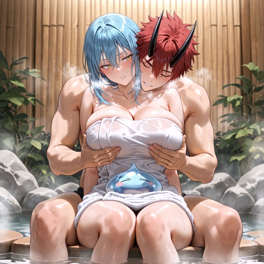 1boy 1girls ai_generated alex-schura bangs bare_shoulders bath bathing benimaru_(tensei_shitara_slime_datta_ken) blue_hair blush breast_grab breasts clavicle cleavage closed_eyes curvaceous curvaceous_female curvaceous_figure curvy curvy_figure embracing female female female_focus grabbing hair_between_eyes horns hug large_breasts long_hair male mixed-sex_bathing muscle muscular_male naked_towel nude oni_horns onsen parted_lips partially_submerged red_hair rimuru_tempest rule_63 shared_bathing short_hair sitting smile soaking_feet steam straight sweat tensei_shitara_slime_datta_ken thighs towel voluptuous voluptuous_female water wet yellow_eyes