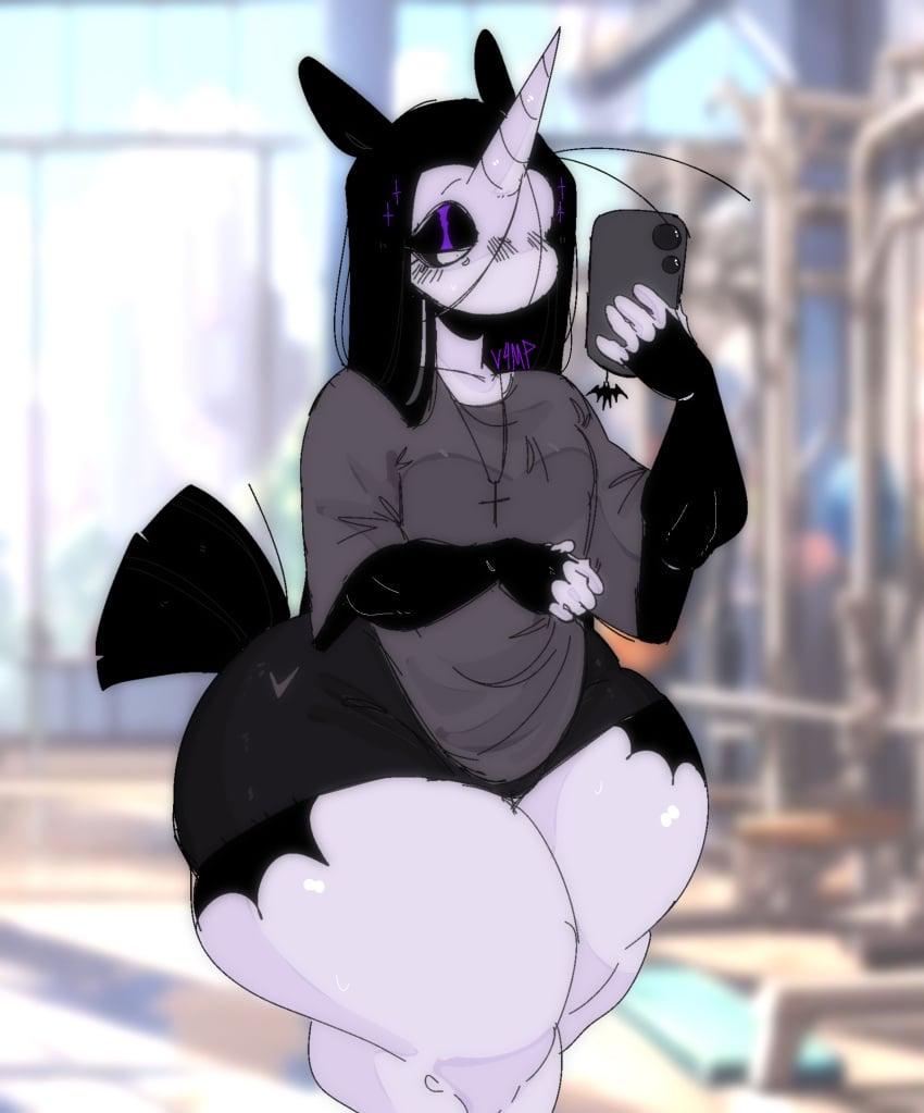 1boy anthro cross_necklace curvaceous curvy femboy goth gym original original_character pony shorts shy t-shirt thick_thighs twink v4mp1333 wide_hips