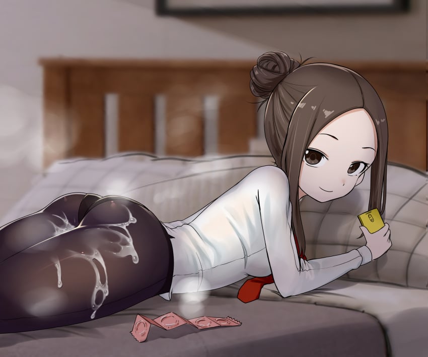 aged_up ass bed black_pantyhose blurry blurry_background brown_eyes brown_hair closed_mouth condom cum cum_on_body depth_of_field female forehead hair_bun highres holding holding_phone karakai_jouzu_no_(moto)_takagi-san karakai_jouzu_no_takagi-san long_sleeves looking_at_viewer lying medium_hair necktie note2000 on_stomach pantyhose parted_bangs phone red_necktie shirt single_hair_bun smile solo takagi-san white_shirt