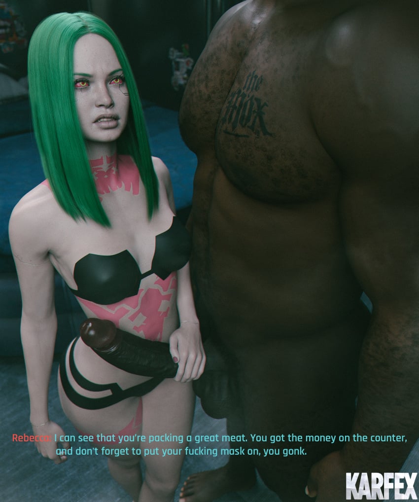 1boy 1girls 3d cybernetics cyberpunk cyberpunk:_edgerunners cyberpunk_2077 dark-skinned_male green_hair huge_cock karfex rebecca_(edgerunners) size_difference slim small_breasts