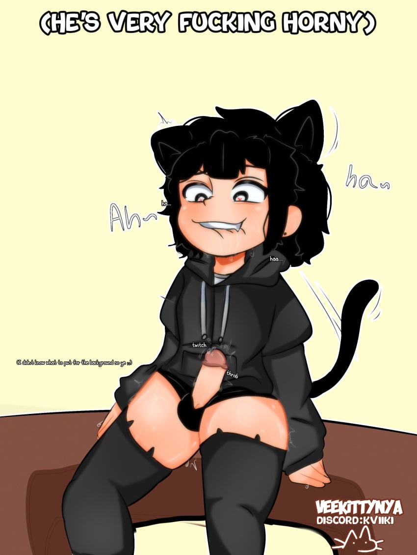 after_orgasm balls_in_panties biting_lip black_hair black_panties cat_ears cat_tail cat_thighhighs catboy desperate_for_sex dick_out_of_underwear drooling drooling_pre fangs femboy grinding hard_cock heart_symbol hoodie_only horny horny_male long_socks male_only oc original_character persona precum precum_drip smile still_erect submissive submissive_male thick_ass thick_thighs throbbing_penis tremble_lines trembling_for_pleasure trembling_penis veekee_(veekittynya) veekittynya