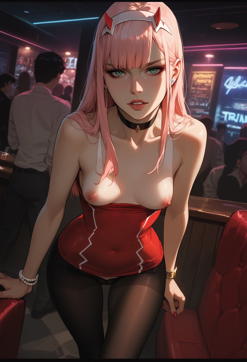 ai_generated bar bracelets breasts breasts_out club darling_in_the_franxx dress_down female_focus green_eyes_female horn_hairband jewelry long_hair_female looking_at_viewer nes-ai-extravaganza nipples pantyhose pink_hair_female presenting_breasts wristwear zero_two_(darling_in_the_franxx)