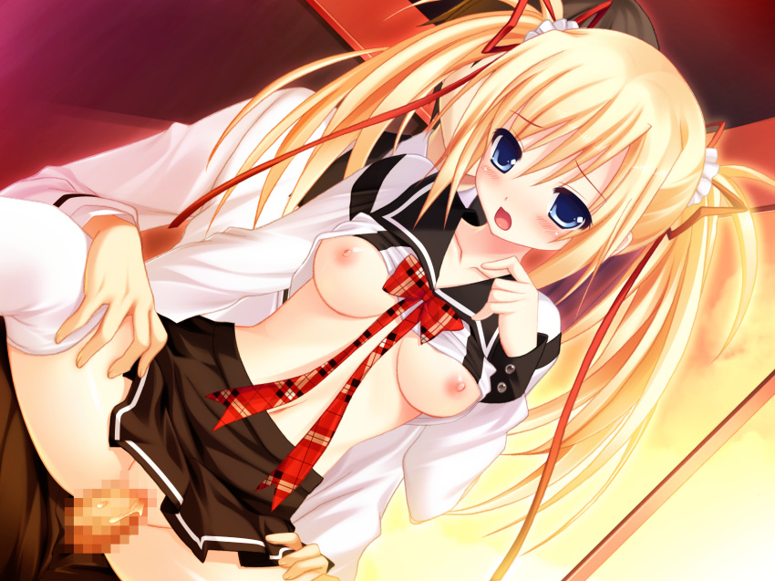 blonde_hair blue_eyes blush breasts censored game_cg makita_maki mecha-con! nipples penis pussy sawatari_saki seifuku sex thighhighs tied_hair twintails