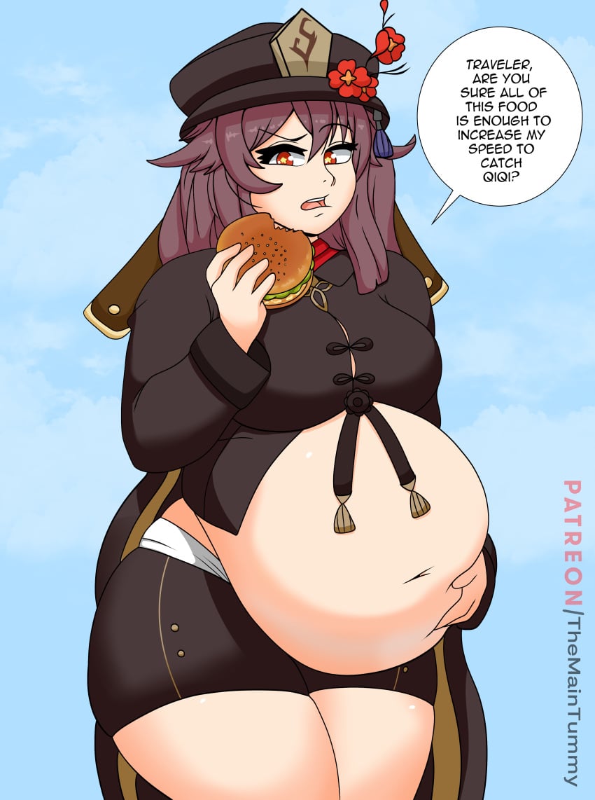 1girls bbw female female_only genshin_impact hu_tao_(genshin_impact) huge_belly overweight overweight_female round_belly solo solo_female text themaintummy thick_thighs weight_gain wide_hips