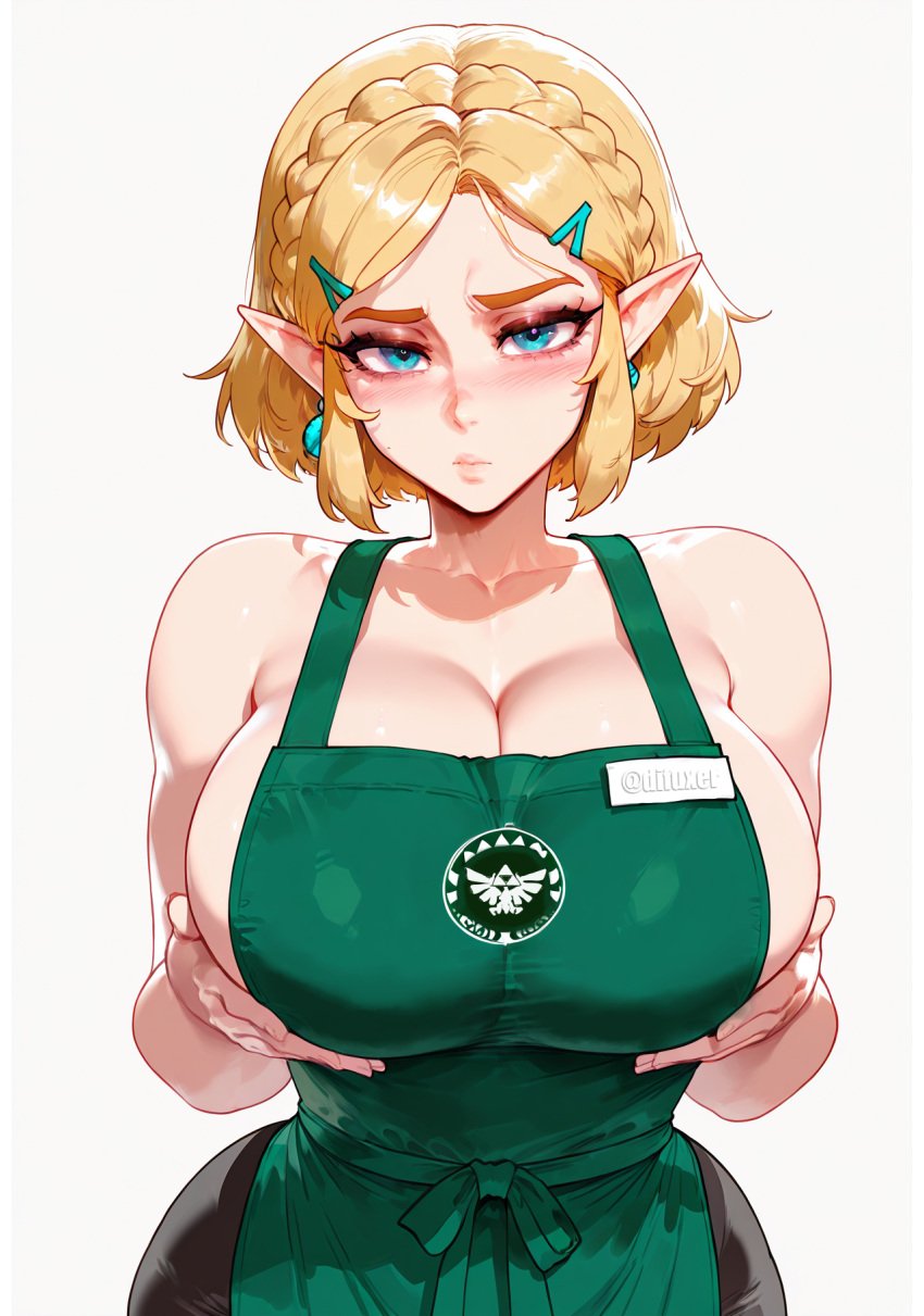 ai_generated apron blonde_hair difuxer huge_breasts princess_zelda short_hair starbucks the_legend_of_zelda zelda_(tears_of_the_kingdom)