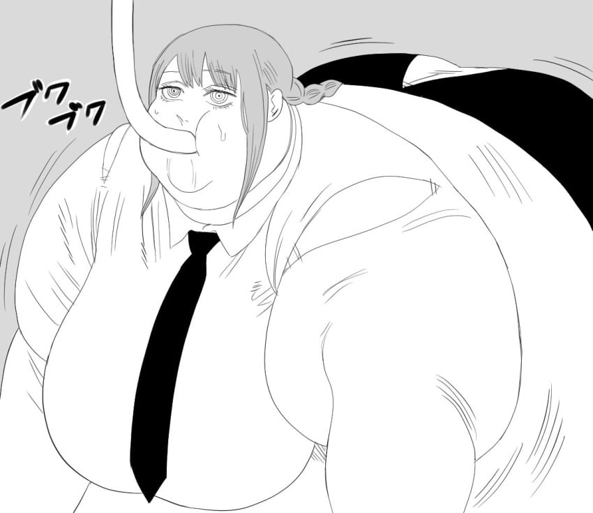 black_and_white chainsaw_man chubby_cheeks gluttonous_woman makima_(chainsaw_man) morbidly_obese_female nikutsuki ringed_eyes slurping solo_focus ssbbw