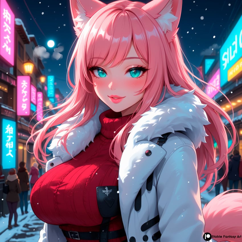 1girls ai_generated big_breasts breasts christmas christmas_outfit curvy female female_focus fox_ears fox_girl fox_tail furry innocent kitsune looking_at_viewer looking_shy melissa_(stblfantasy) original pink_hair seated snow solo stable_diffusion stblfantasy teeth thick_thighs thighs turquoise_eyes winter winter_clothes young_female