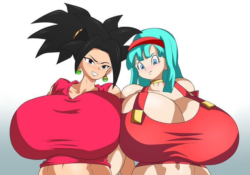 2females 2girls big_breasts black_eyes black_hair blue_eyes blue_hair bra_(dragon_ball) breasts clothed clothing dragon_ball dragon_ball_super dragon_ball_z huge_breasts kefla nyre potara_earrings