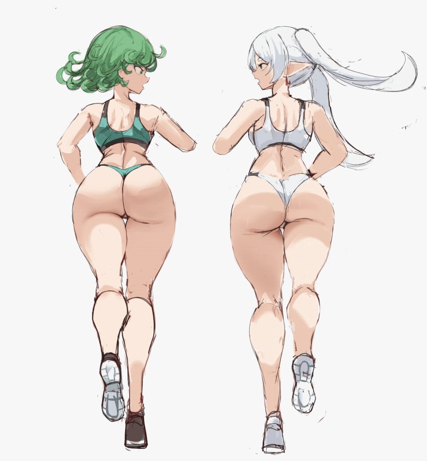 2girls elf elf_ears frieren from_behind green_eyes green_hair large_ass looking_at_another panties rakeemspoon running simple_background sports_bra tagme tatsumaki white_hair