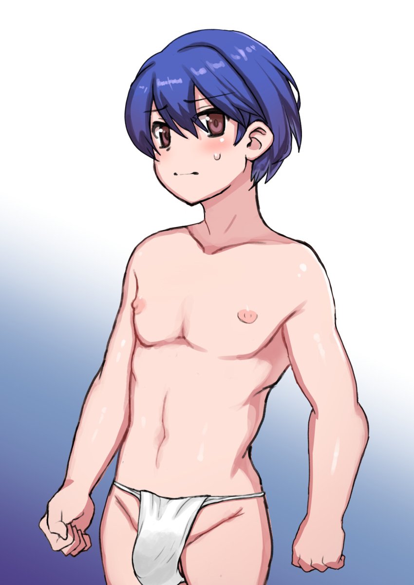 2023 5_fingers blue_hair blush bottomwear clothed clothing fingers hair hi_res human loincloth looking_at_viewer male mammal navel simple_background skinny solo topless toribako young