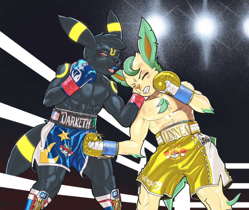 absurd_res anthro anthro_on_anthro biped boxing_gloves boxing_shorts clothing cock_and_ball_torture darketh_(vincentthefox) dcheese duo eeveelution fighting_ring generation_2_pokemon generation_4_pokemon genital_torture handwear hi_res interspecies leafeon linnea_(rellowcantdraw) male male/male nintendo pokemon pokemon_(species) punch tail umbreon