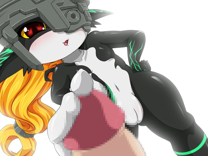 1boy 1girls amau_(artist) censored feet female footjob highres imp imp_midna male midna monster_girl penis pussy red_eyes straight the_legend_of_zelda twilight_princess white_background