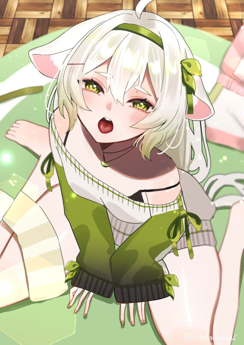 1girls animal_ears barefoot blush clothed clothed_female clothing female female_only ferret ferret_girl green_eyes green_highlights hair_ornament hairband ikada_nami indie_virtual_youtuber laimu legs_apart lime long_sleeves looking_at_viewer looking_up nail_polish necklace off_shoulder on_knees open_mouth removed_clothing removing_clothing socks socks_removed solo suggestive suggestive_look sweater tail thighs tongue_out twintails virtual_youtuber vtuber white_hair