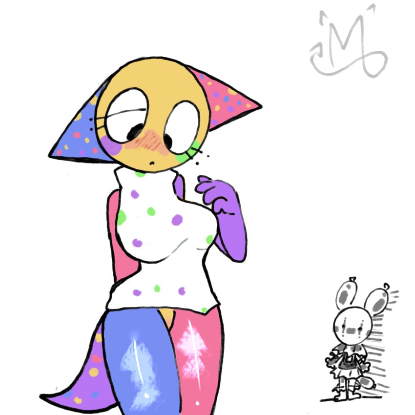 balloon cici_(milky_goober) clown_girl clown_makeup dandy's_world half_naked inflatable looey_(dandy's_world) milky_goober party_hat swapped_clothes tails thighs watermark