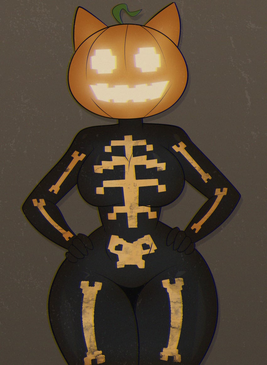 8-bit cute_face feline fortnite fortnite:_battle_royale gold halloween halloween_theme hands_on_hips jack-o&#039;-lantern latex pixel pumpkin pumpkin_cat_(fortnite) sassy skeleton_costume tail thick_thighs wide_hips