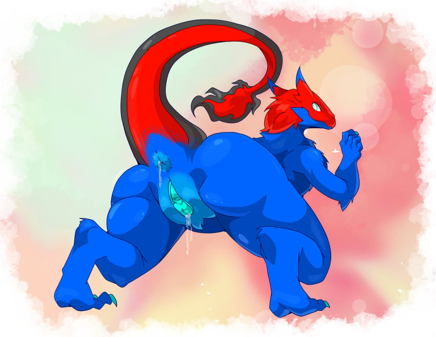 anthro anus ass blue_body blue_eyes blue_fur blue_nails bodily_fluids colored_nails digitigrade docdraw_(artist) fur genital_fluids hi_res hybrid looking_back male nails precum precum_on_butt presenting red_body red_fur slit_penis solo thick_thighs