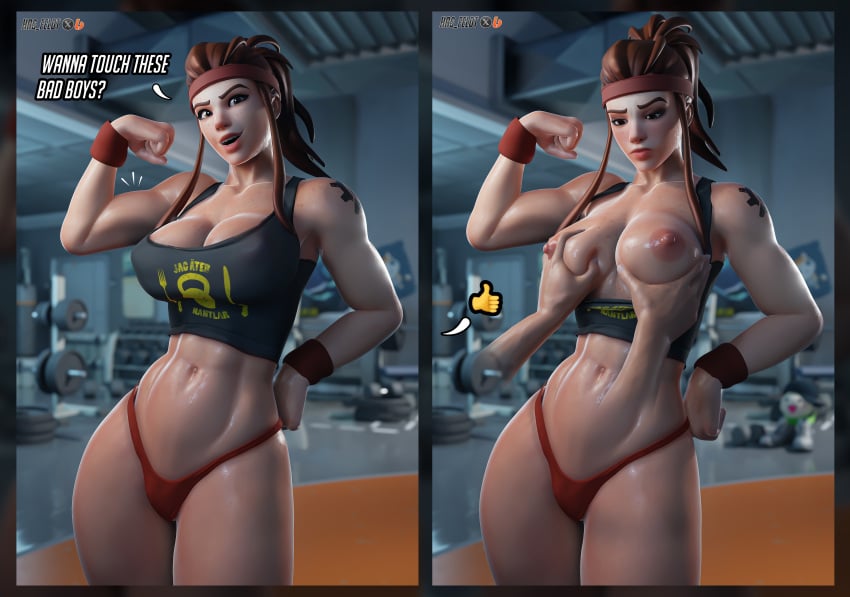 3d 3d_render abs armpits auburn_hair big_breasts blizzard breast_grab breasts brigitte comic disembodied_hand english_text erect_nipples eyeshadow female female female_focus flexing flexing_bicep flexing_muscles freckles freckles_on_face go_on_feel_it_(meme) grabbing_breasts groping groping_breasts hasfeldt headband makeup muscular muscular_female navel nipples overwatch panties partially_clothed pink_nipples ponytail pose posing shirt_pull sidelocks smiling sweat sweating tagme tank_top tattoo tattooed_arm text thick_thighs thighs thin_waist wristband