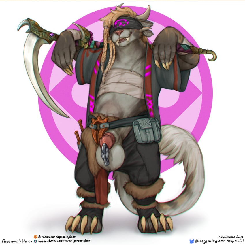 1:1 animal_genitalia anthro balls bladder_bulge blindfold braided_hair chains charr chest_binding_tape claws clothed clothing english_text felid female futanari genitals guild_wars gynomorph hair hi_res intersex mammal melee_weapon nix_(tekk) partially_clothed penis polearm scythe sheath smile solo sounding_beads standing tail text the_gentle_giant urethral url weapon weapon_over_shoulder