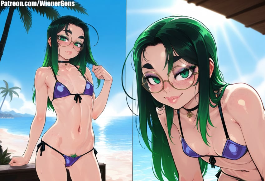 1girls ai_generated ai_generated_background beach belly_button bikini blush blush choker eyebrows eyeshadow freckles freckles_on_body green_eyes green_hair long_hair looking_at_viewer multiple_views ocean pale_skin palm_tree patreon patreon_username pubic_hair purple_bikini round_glasses shiny_skin skindentation small_breasts stomach thick wienergens