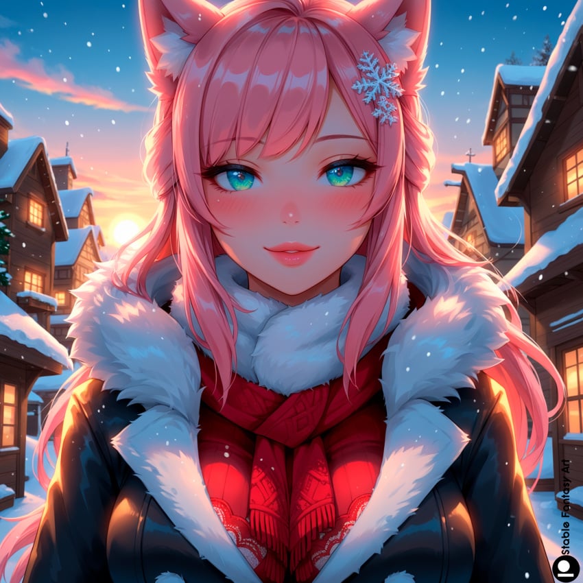 1girls ai_generated big_breasts breasts christmas christmas_outfit curvy female female_focus fox_ears fox_girl fox_tail furry innocent kitsune looking_at_viewer looking_shy melissa_(stblfantasy) original pink_hair seated snow solo stable_diffusion stblfantasy teeth thick_thighs thighs turquoise_eyes winter winter_clothes young_female