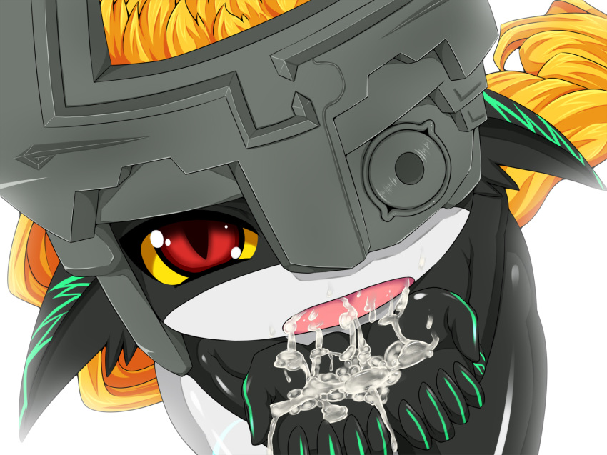 1girls amau_(artist) censored cum cum_in_hands cupping_hands female female_only highres imp imp_midna midna monster_girl red_eyes solo the_legend_of_zelda twilight_princess white_background