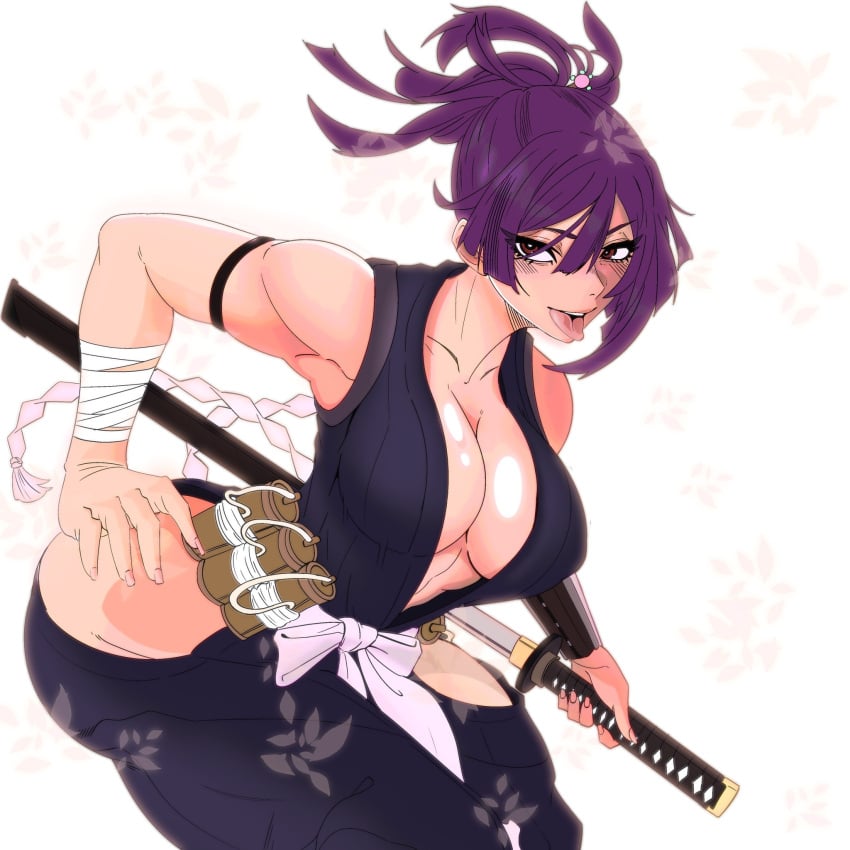 1girls 2023 armband assassin big_breasts breasts brown_eyes cleavage hip_cleavage jigokuraku katana kunoichi light-skinned_female light_skin looking_at_viewer ninja no_bra purple_clothing purple_hair revealing_clothes simple_background solo solo_female solo_focus sword tied_hair tongue tongue_out weapon white_background wide_hips yuzuriha_(jigokuraku)