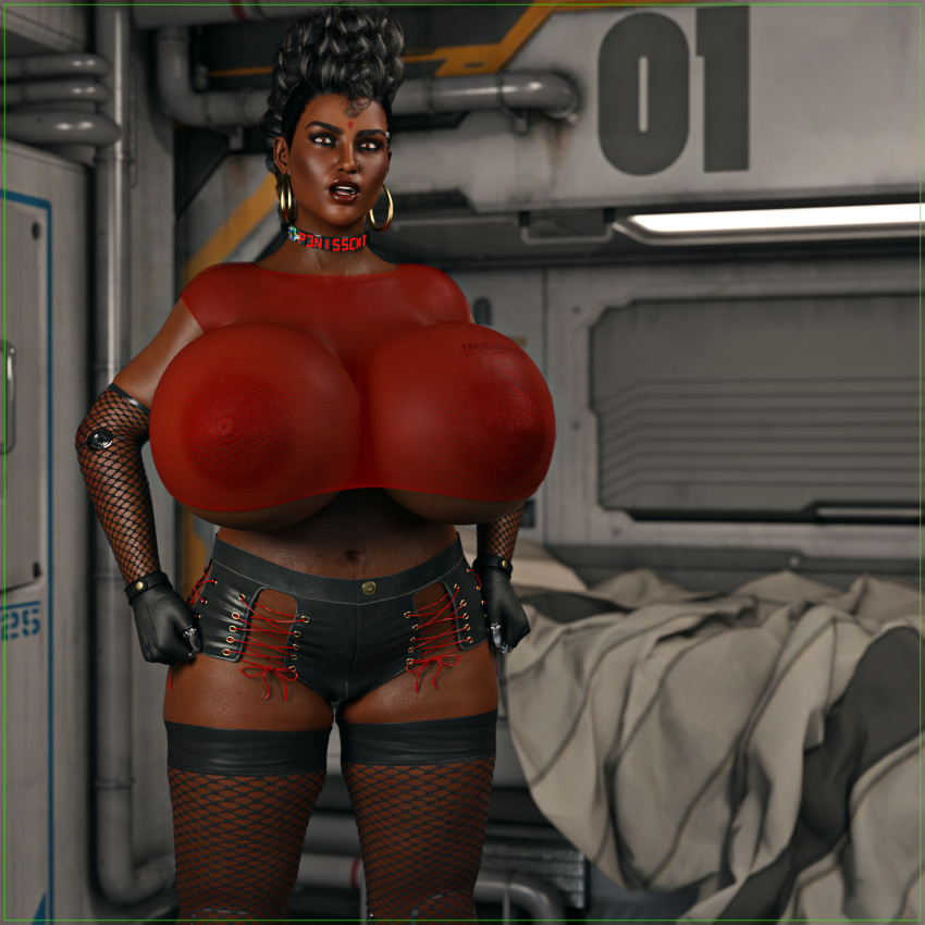 1girls 3d 3d_(artwork) areolae big_breasts bindi breasts breasts_bigger_than_head collar dark-skinned_female dark_skin earrings female huge_breasts nipples nipples_visible_through_clothing sci-fi xalynne_blackblade