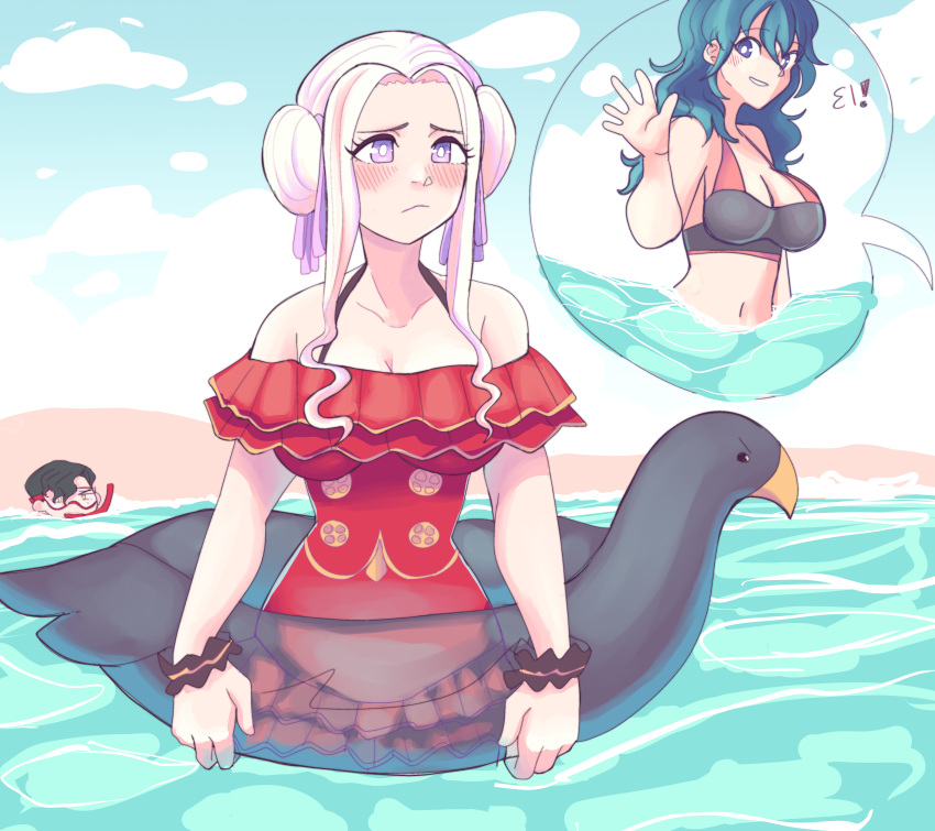 1boy 2girls alternate_costume beach bikini black_bikini black_hair black_swimsuit blue_eyes blue_hair blush blush_lines byleth_(fire_emblem) byleth_(fire_emblem)_(female) edelgard_von_hresvelg fire_emblem fire_emblem:_three_houses henemimi hubert_von_vestra nintendo one-piece_swimsuit outdoors post-timeskip purple_eyes red_one-piece_swimsuit red_swimsuit swimming swimsuit white_hair yuri