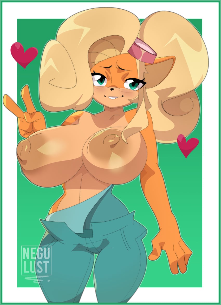 1girls 2023 activision anthro bandicoot big_areola big_breasts big_nipples blonde_hair blue_eyes blush breasts brown_body brown_fur brown_nipples clothed clothing coco_bandicoot crash_(series) dark_nipples erect_nipples female female_only fur hair hi_res looking_at_viewer mammal marsupial naked_overalls negullust nipples overalls simple_background smiling smiling_at_viewer solo topless