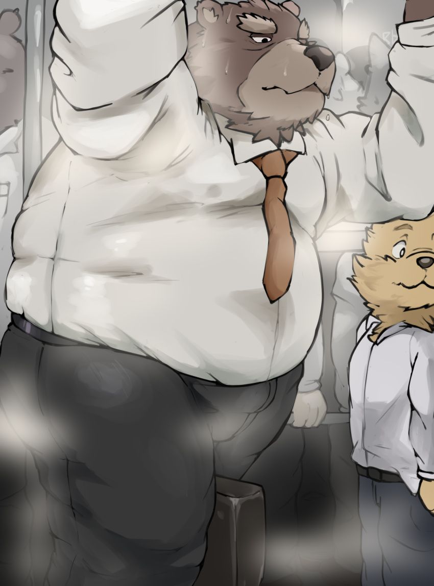 absurd_res anthro bear black_nose blem-bop bodily_fluids bottomwear brown_body canid canin canine canis clothed clothing domestic_dog duo fur hi_res kemono male male/male male_only mammal musk musk_clouds overweight overweight_male pants public public_transportation shirt size_difference subway sweat sweatdrop topwear