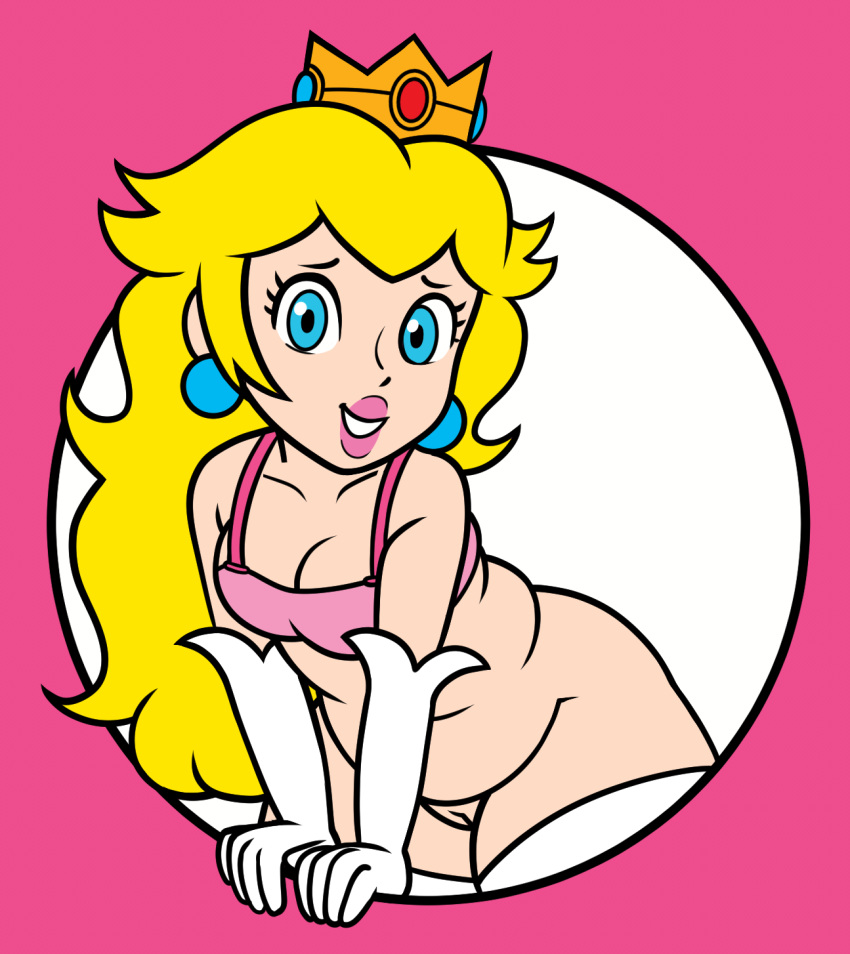 1female 1girls accurate_art_style bare_shoulders blonde_hair blue_eyes breasts chubby cleavage crown female female_focus girl headwear hexanne lips long_hair mario_(series) nintendo nintendo_style pink_background princess_peach pussy solo_focus thick_thighs vhfd