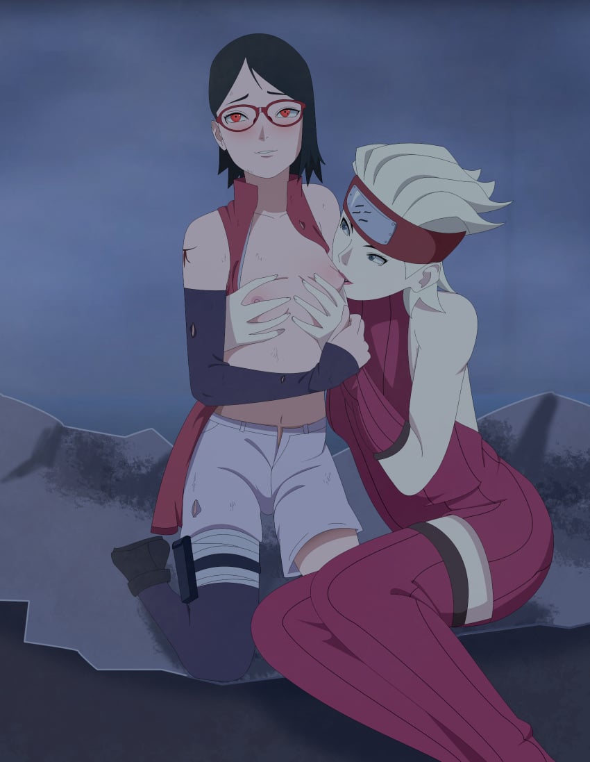 2girls after_battle after_fight biting black_hair blonde_hair blood blue_eyes blush boruto:_naruto_next_generations breast_biting breast_grab breast_sucking breasts breasts_out buntan_kurosuki clothed_sex clothing damaged_clothes defeated defeated_heroine eyewear female female/female female_only glasses glowing glowing_eyes groping groping_breasts headband injury kirigakure_symbol kneeling konohagakure_symbol kunoichi leg_warmers multiple_girls naruto naruto_(series) ninja no_bra on_knees open_clothes open_jacket open_topwear open_vest optimystic petite red_eyes ripped_clothing sarada_uchiha scratches sharingan shirt shorts sitting stockings sucking sucking_nipples sweater teenage_girl teenager thighhighs topless_female torn_clothes turtleneck turtleneck_sweater unusual_pupils yuri