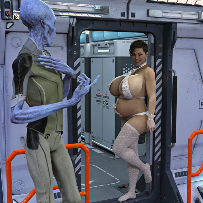 1boy 1girls 3d alien areola_slip areolae belly big_belly big_breasts breasts cleavage female fishnets gigantic_breasts huge_breasts lingerie male pregnant sci-fi xalynne_blackblade